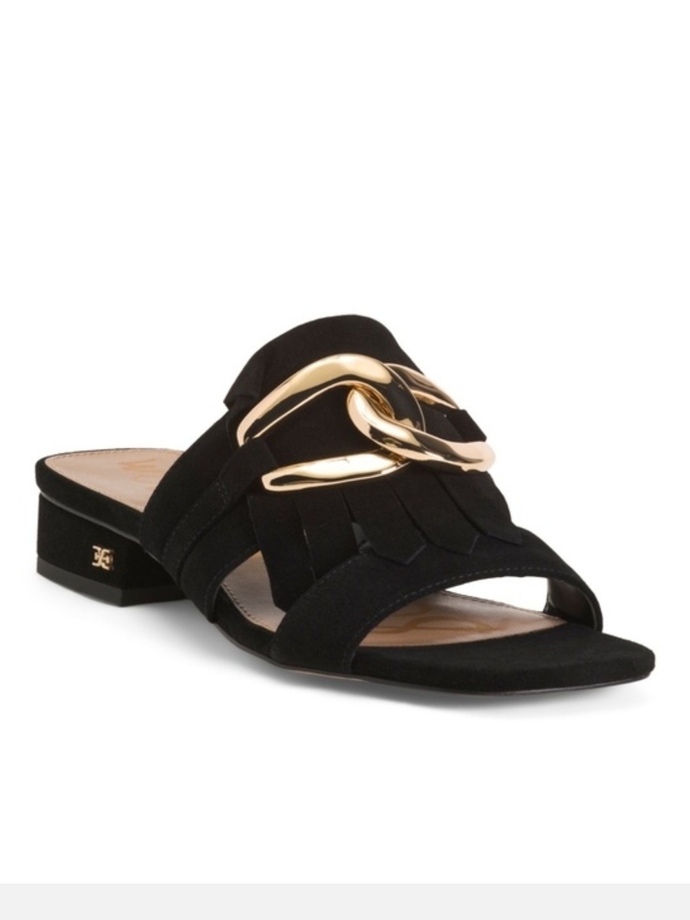 Sam Edelman Black Suede Fringe Slide with Gold Chain